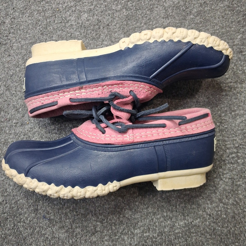 LL Bean Boots Rubber Moc Navy Blue Pink Leather Duck Shoes Womens size 9 M